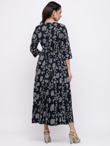 Indigo Rayon Embroidered Tiered Ethnic Dress- Women Maxi dress