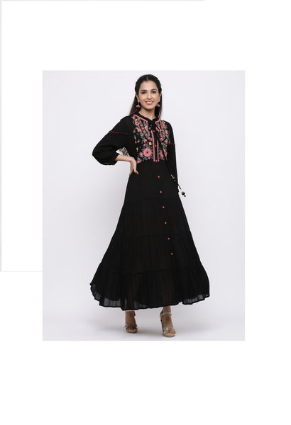 Black Rayon Crepe Embroidered Tiered Dress- women long gown dress