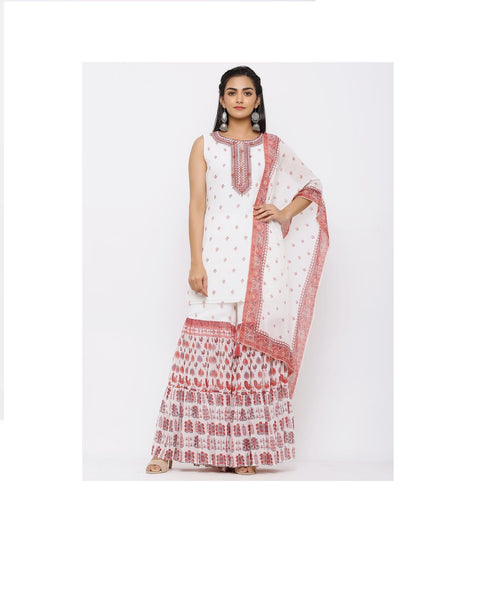 Maroon Georgette Printed Straight Kurta-Top Sharara-Palazzo Dupatta-Scarf Set- Women Suit