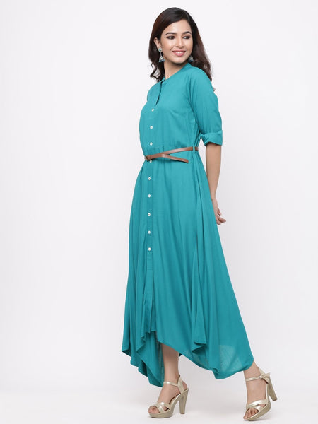 Emerald Green Rayon Solid Asymmetric Dress with Belt- Women long gown Dress