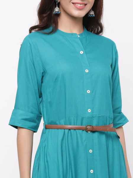 Emerald Green Rayon Solid Asymmetric Dress with Belt- Women long gown Dress