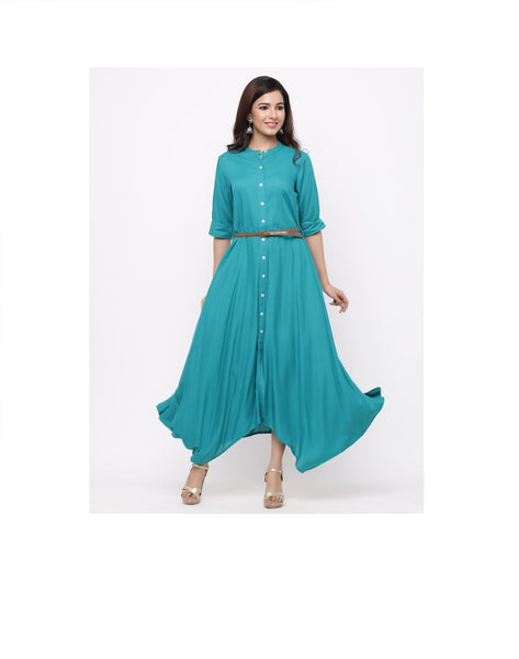 Emerald Green Rayon Solid Asymmetric Dress with Belt- Women long gown Dress
