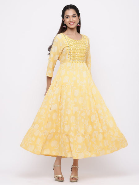 Mango Yellow Rayon Embroidered Tiered Women Maxi Dress Gown Bollywood style Summer/Daily Wear