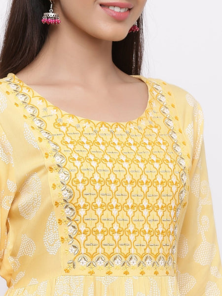 Mango Yellow Rayon Embroidered Tiered Women Maxi Dress Gown Bollywood style Summer/Daily Wear