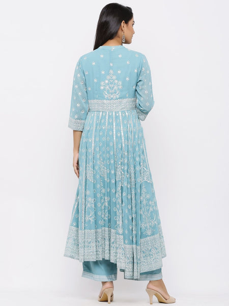 Mint Georgette Printed Maxi-Anarkali Kurta with Palazzo- Women Kurta and Palazzo Set Suit Set Bollywood style Wedding/Party Wear widelegpant