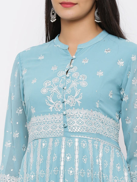 Mint Georgette Printed Maxi-Anarkali Kurta with Palazzo- Women Kurta and Palazzo Set Suit Set Bollywood style Wedding/Party Wear widelegpant
