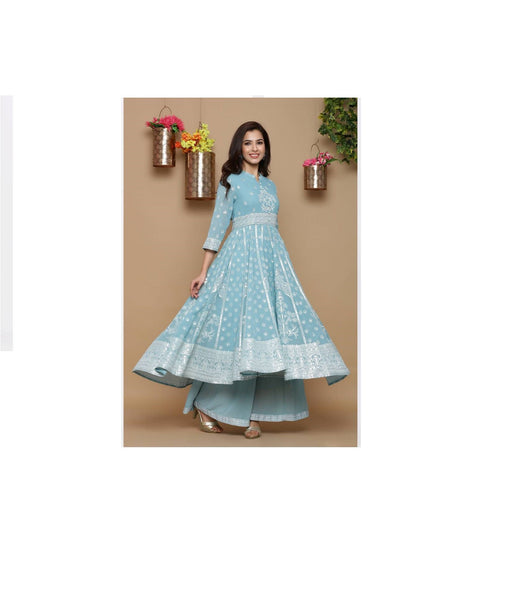 Mint Georgette Printed Maxi-Anarkali Kurta with Palazzo- Women Kurta and Palazzo Set Suit Set Bollywood style Wedding/Party Wear widelegpant