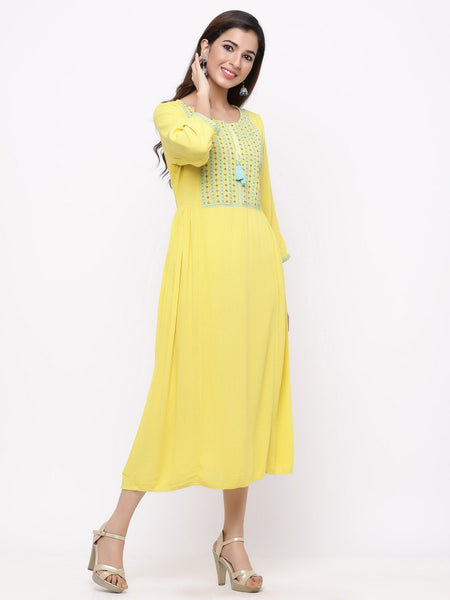 Yellow Rayon Crepe Embroidered A-line Dress- Women Maxi Dress gown summer dress Bollywood style