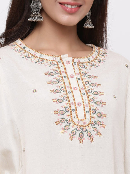 Off White Rayon Flex Embroidered Asymmetric Tunic short kurti long top blouses Bollywood style